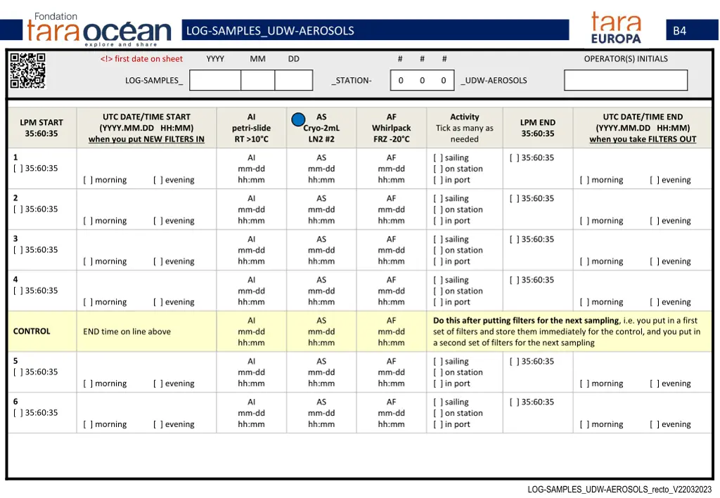 log samples udw aerosols n.w