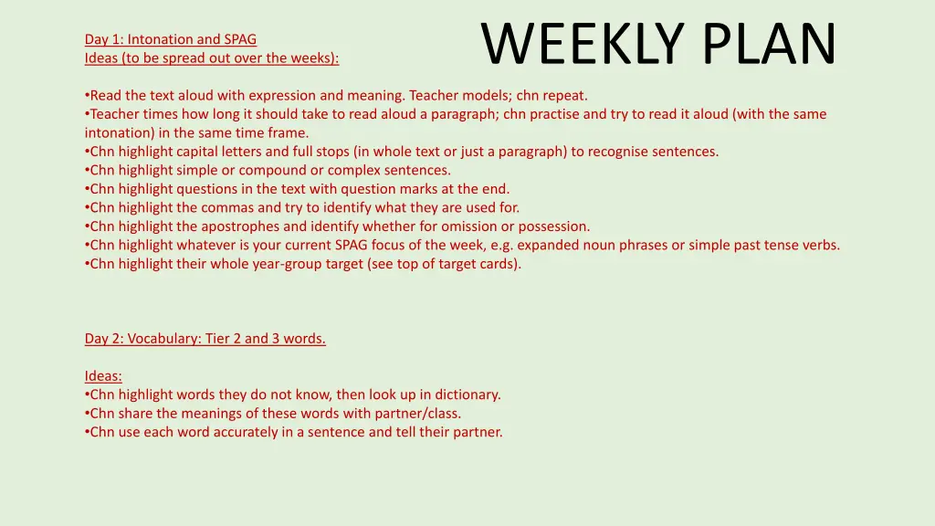 weekly plan n.w