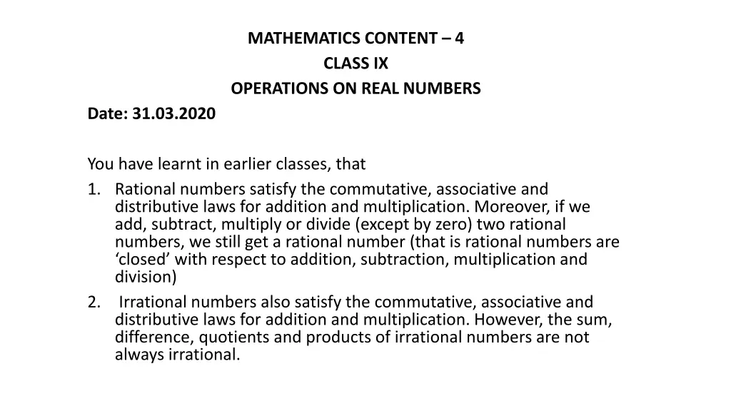 mathematics content 4 class ix operations on real n.w