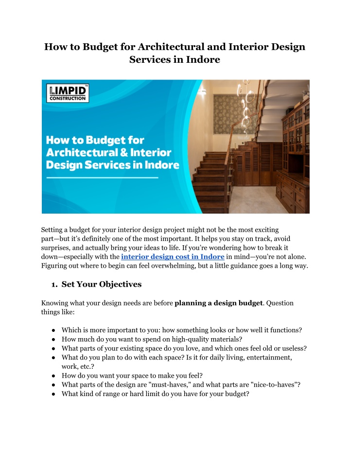 how to budget for architectural and interior n.w