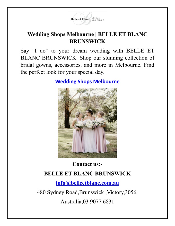 wedding shops melbourne belle et blanc brunswick n.w