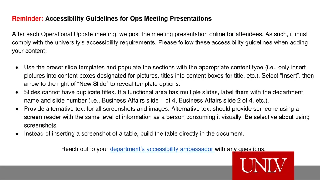 reminder accessibility guidelines for ops meeting n.w