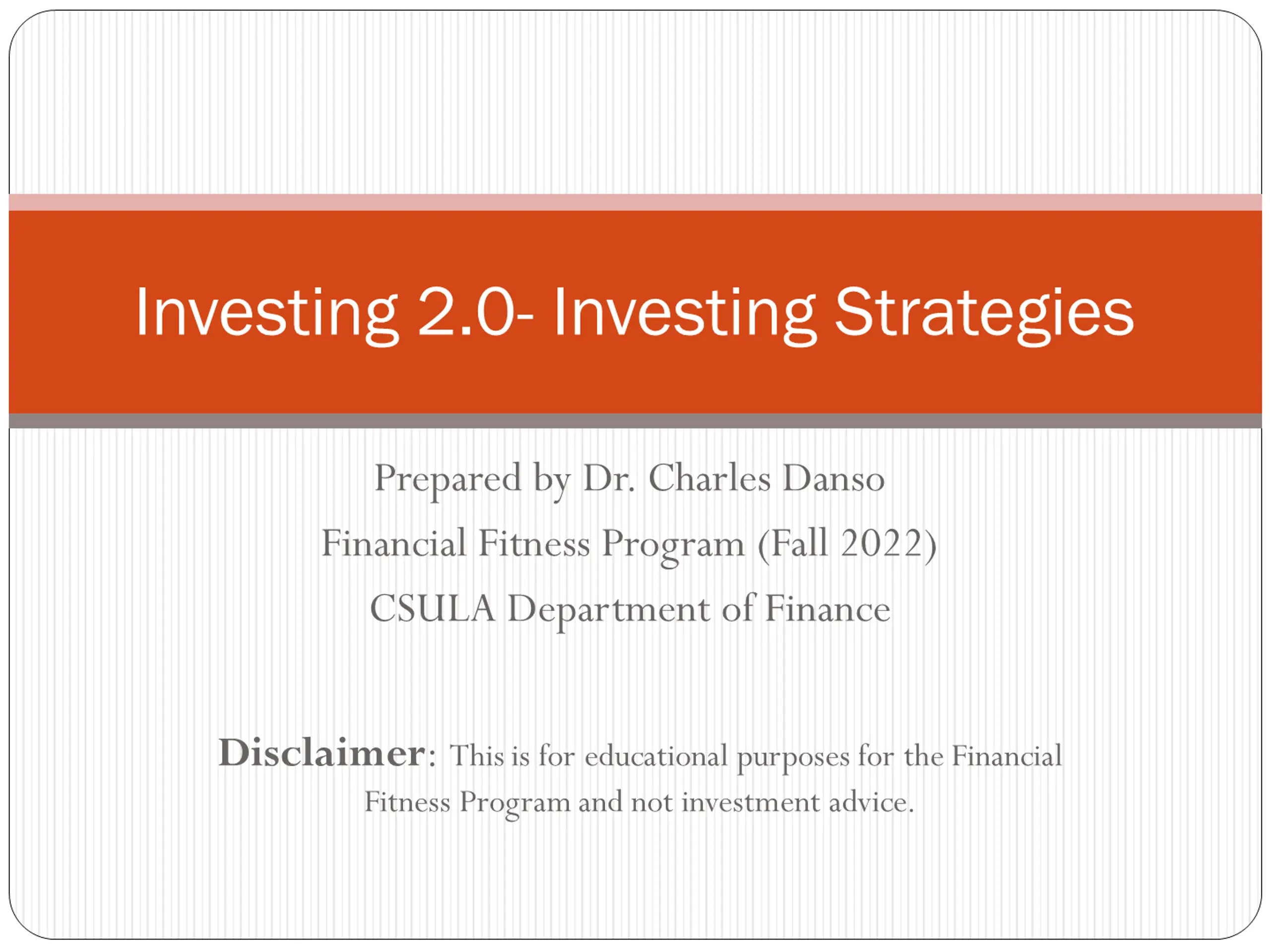 Investing 2.0 - Investing Strategies