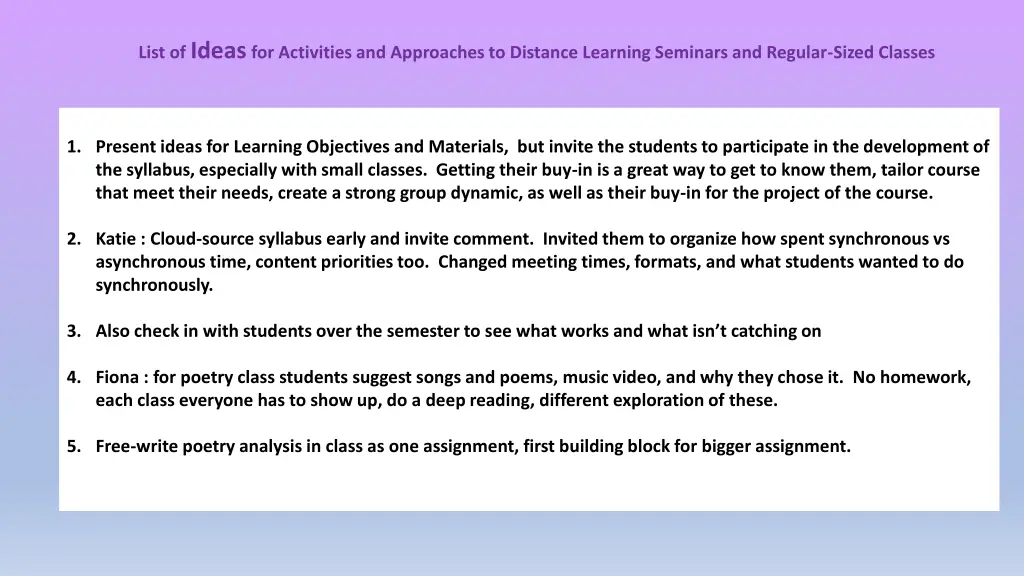 list of ideas for activities and approaches n.w