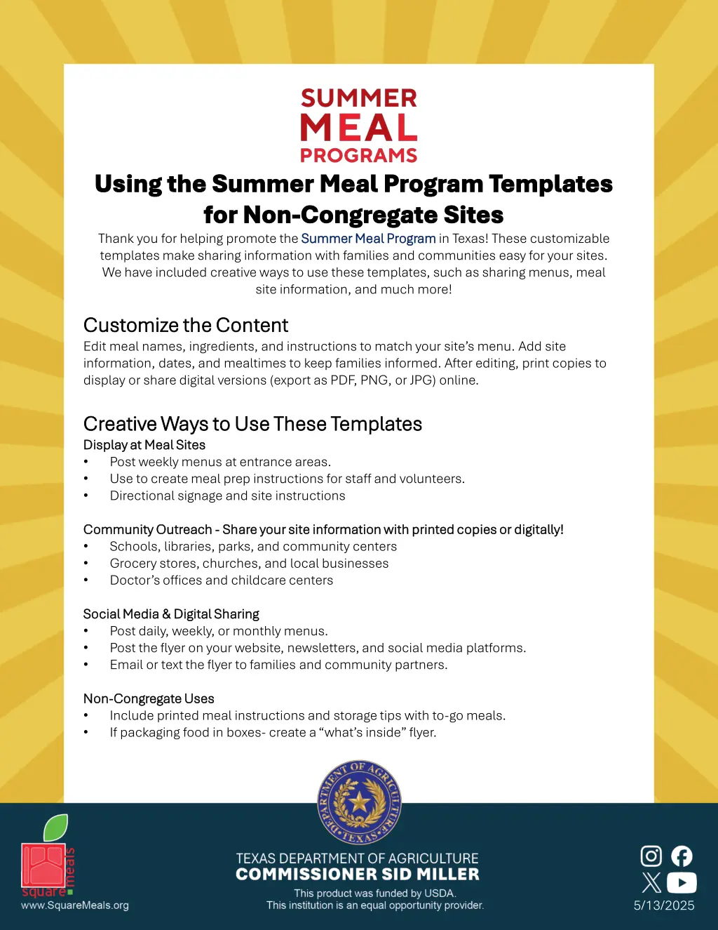 using the summer meal program templates using n.w