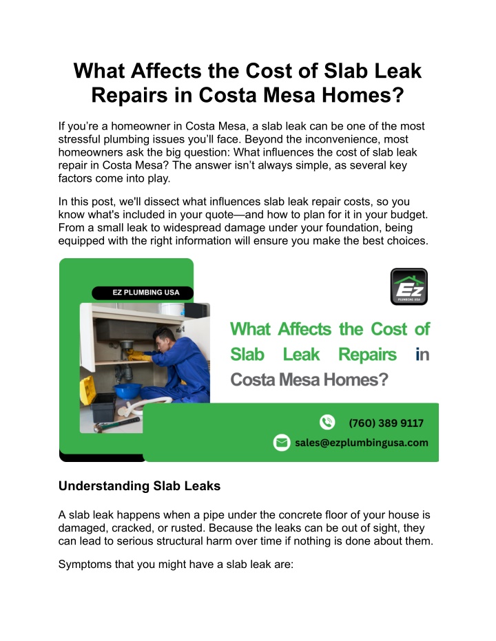what affects the cost of slab leak repairs n.w