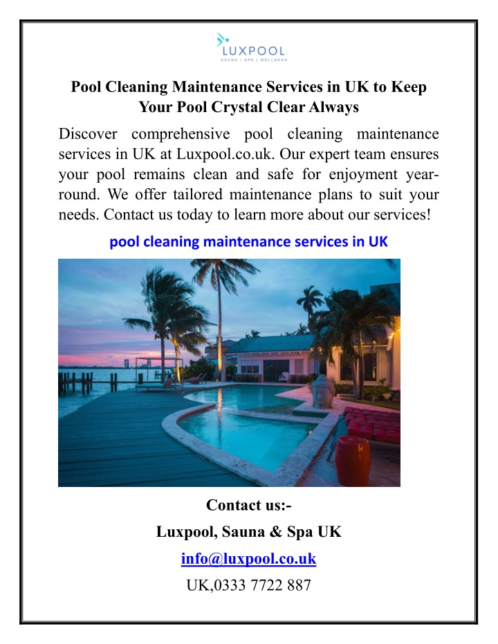 pool cleaning maintenance services in uk to keep n.w