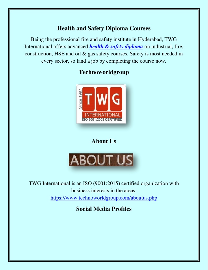 health and safety diploma courses n.w