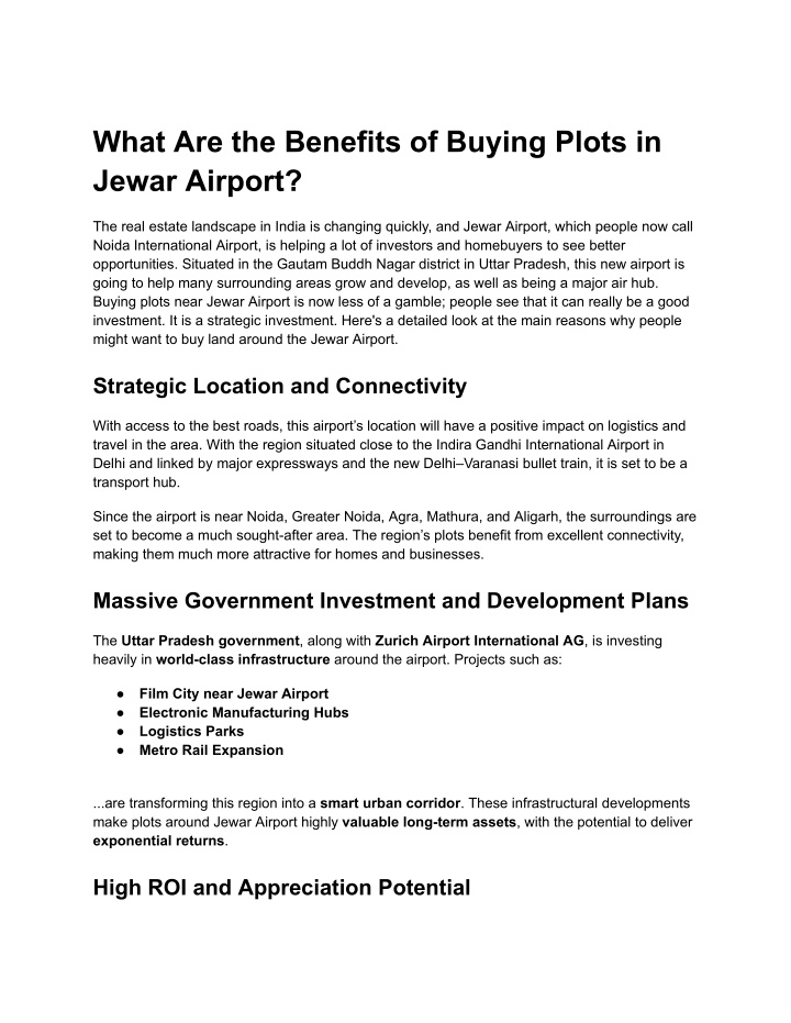 what are the benefits of buying plots in jewar n.w