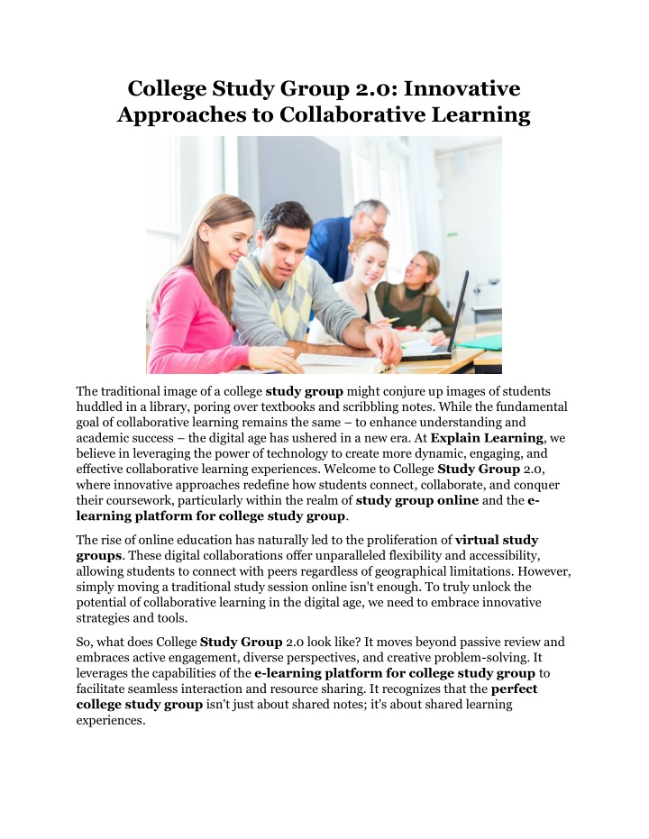 college study group 2 0 innovative approaches n.w