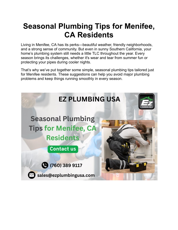 seasonal plumbing tips for menifee ca residents n.w