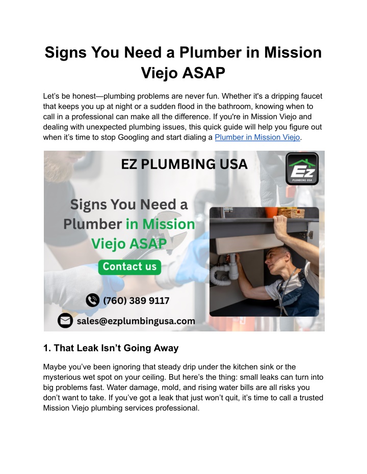 signs you need a plumber in mission viejo asap n.w