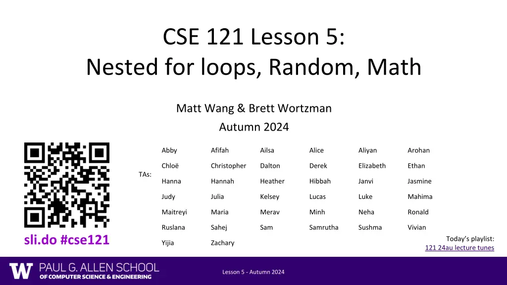 cse 121 lesson 5 nested for loops random math n.w