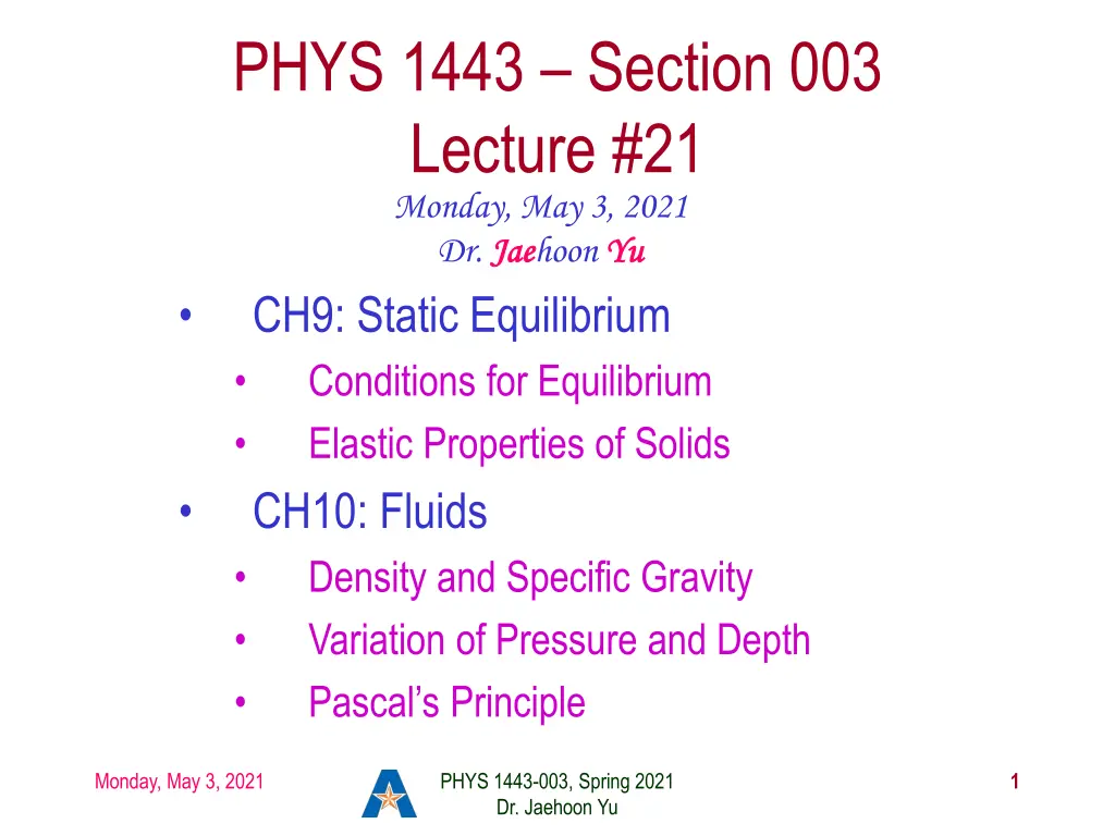 phys 1443 section 003 lecture 21 monday n.w