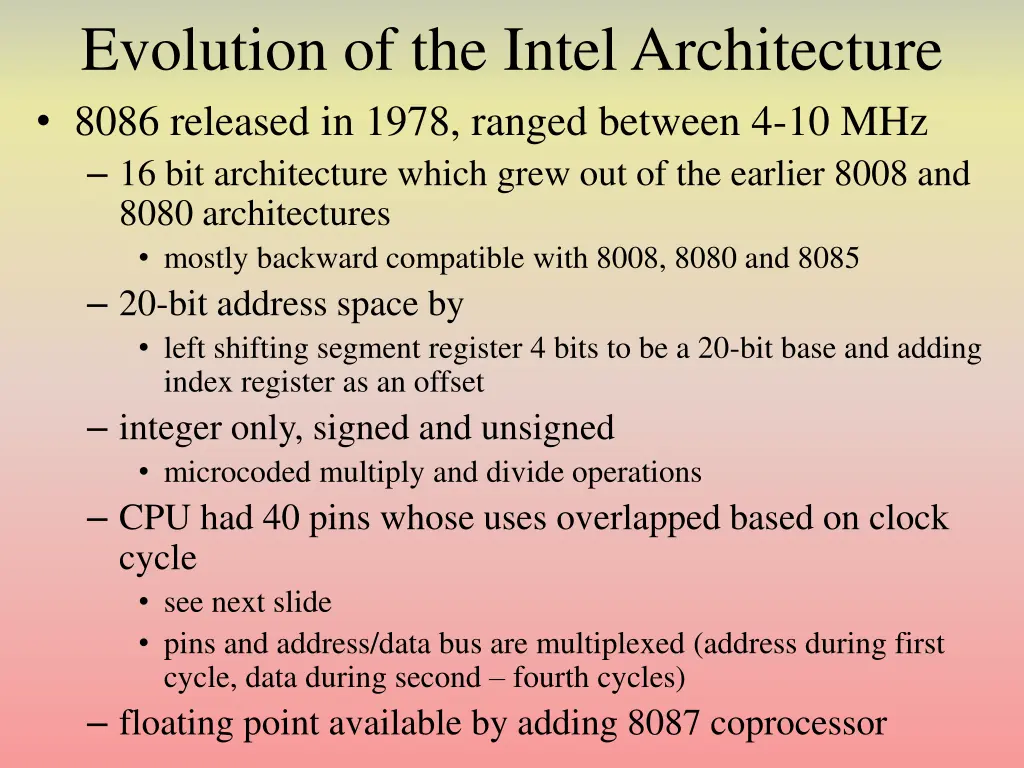 evolution of the intel architecture 8086 released n.w