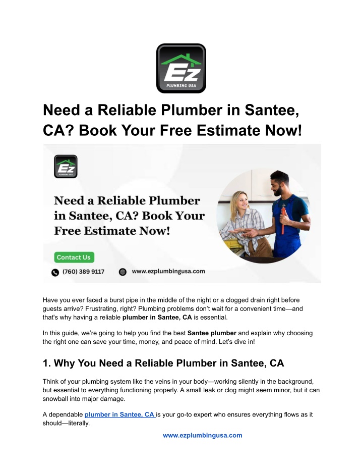 need a reliable plumber in santee ca book your n.w