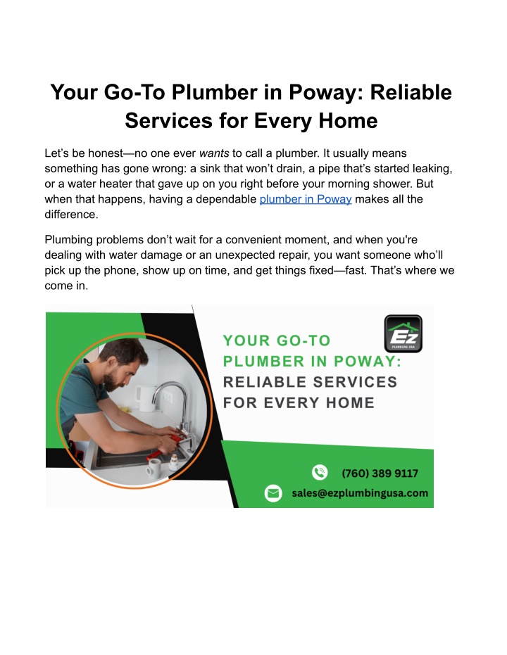 your go to plumber in poway reliable services n.w