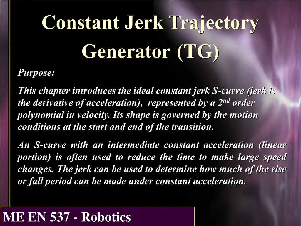 constant jerk trajectory generator tg purpose n.w