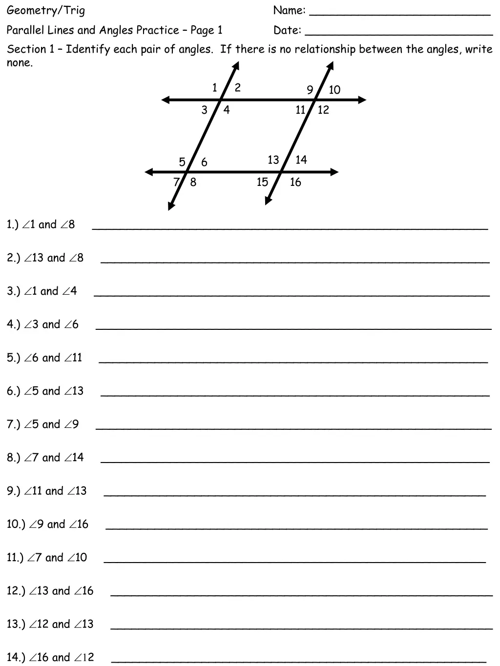 geometry trig parallel lines and angles practice n.w