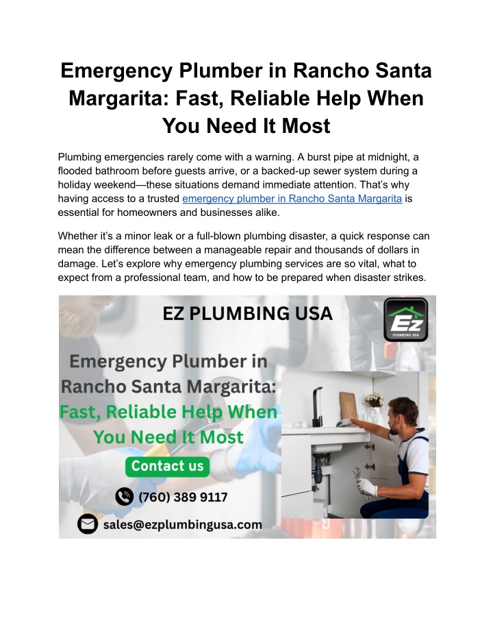 emergency plumber in rancho santa margarita fast n.w