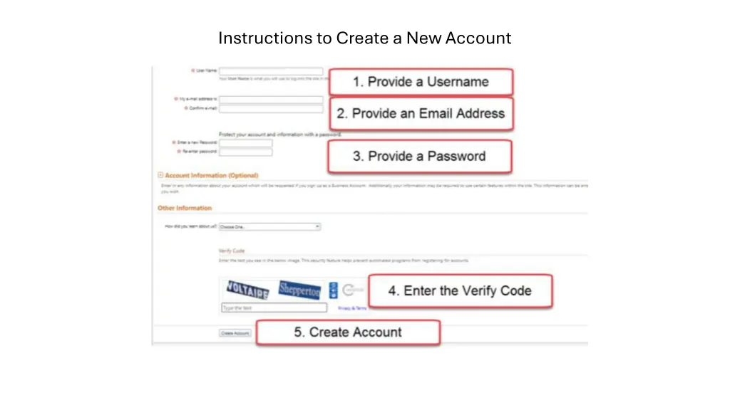 instructions to create a new account n.w