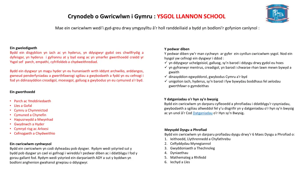 crynodeb o gwricwlwn i gymru ysgol llannon school n.w