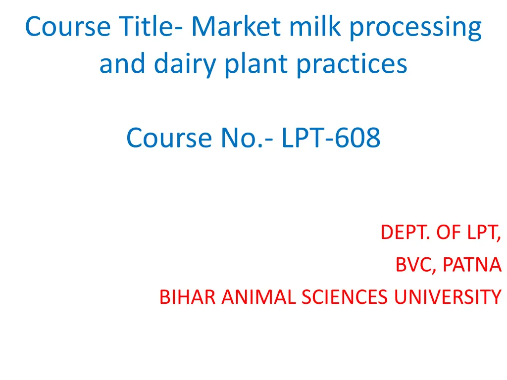 course title market milk processing and dairy n.w