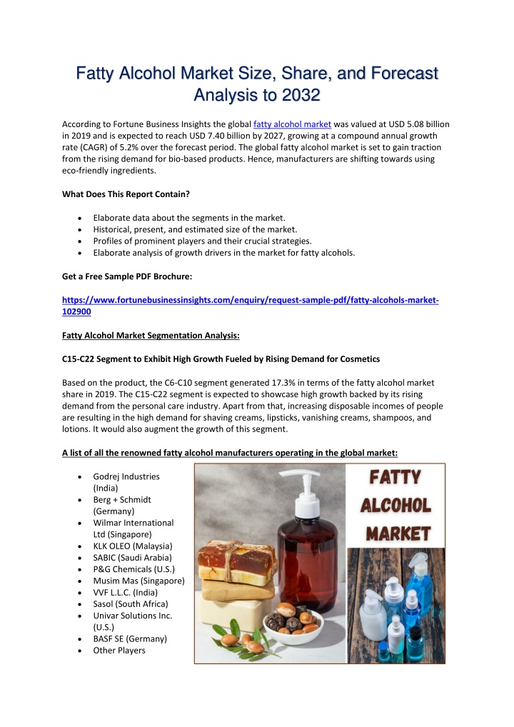 fatty alcohol market size share and forecast n.w
