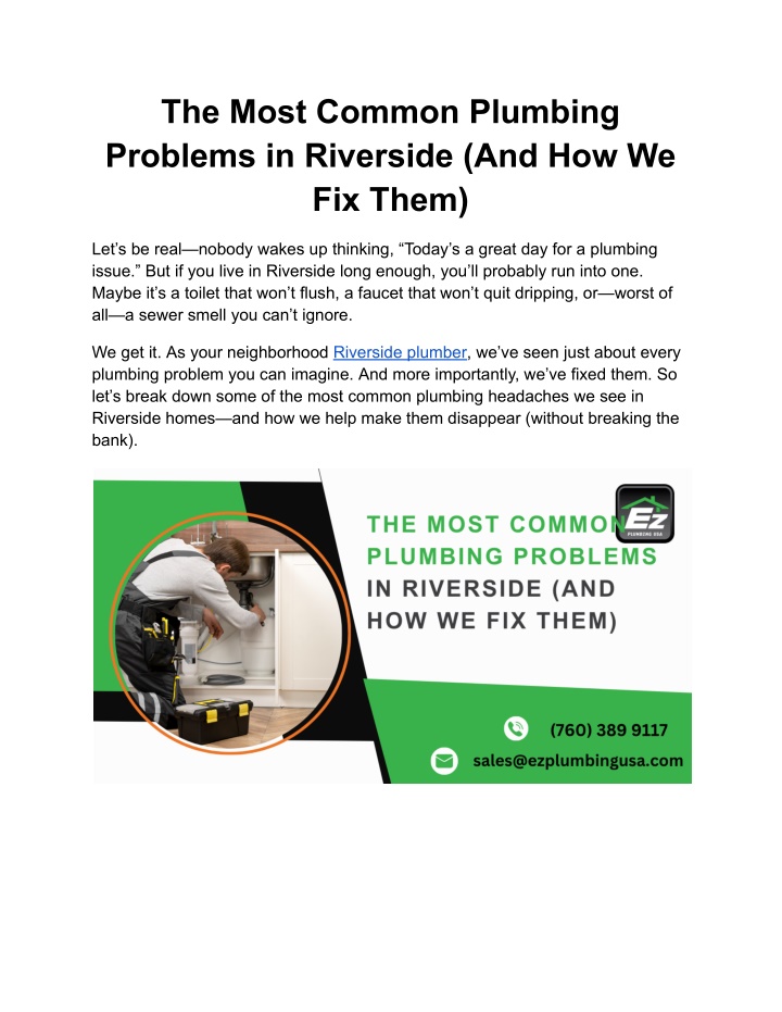 the most common plumbing problems in riverside n.w