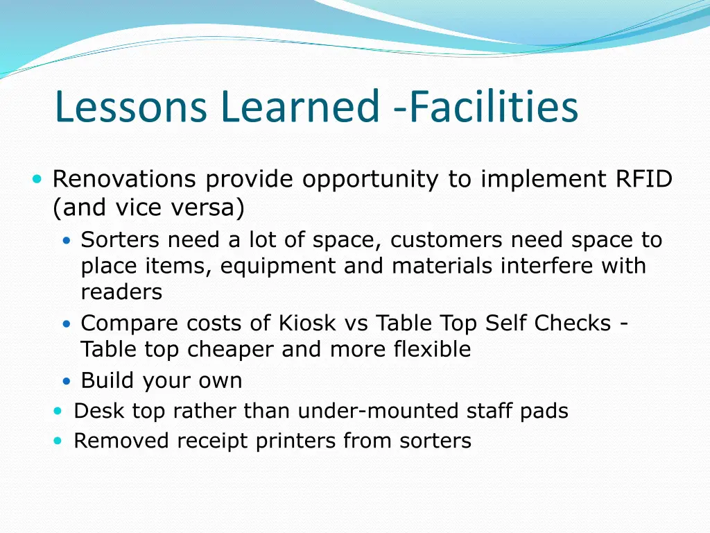 lessons learned facilities n.w