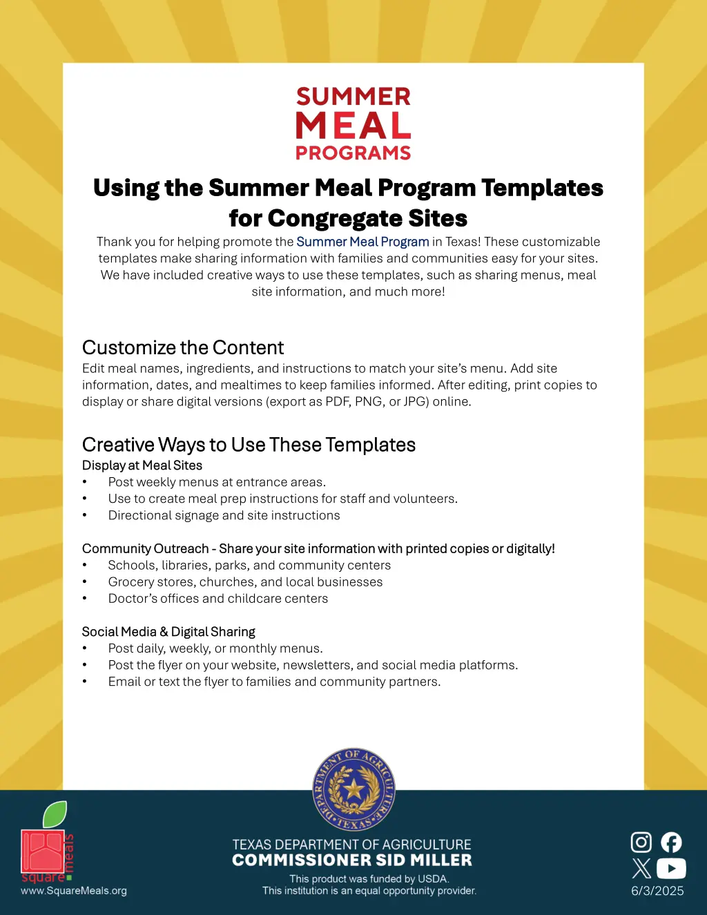 using the summer meal program templates using n.w