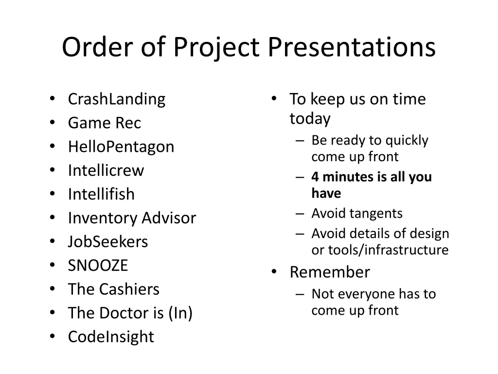 order of project presentations n.w