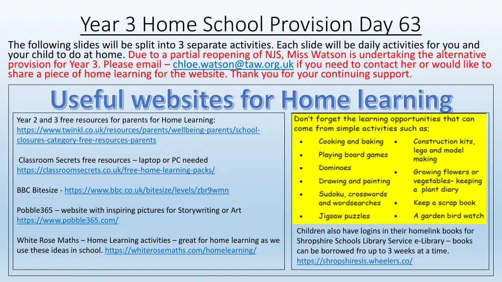 year 3 home school provision day 63 the following n.w