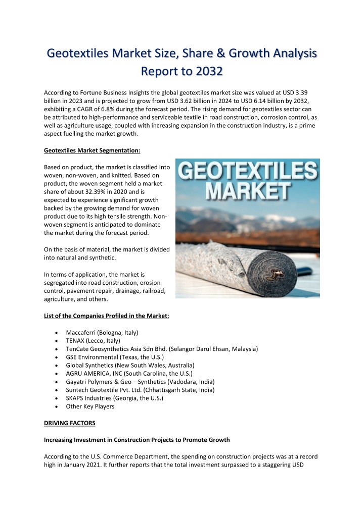 geotextiles market size share growth analysis n.w