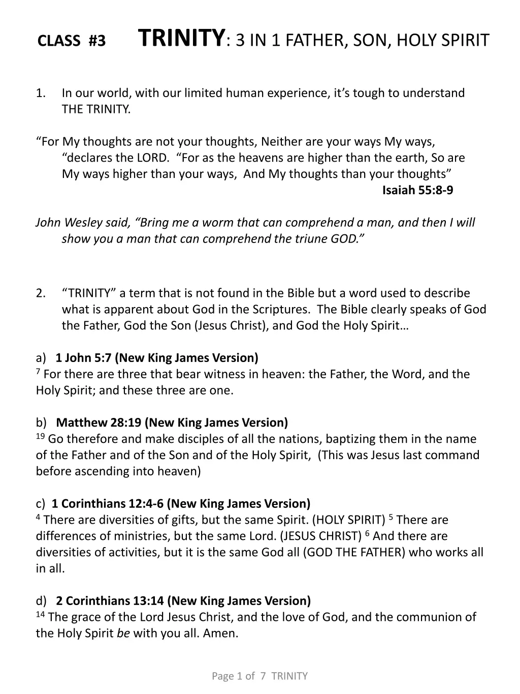 class 3 trinity 3 in 1 father son holy spirit n.w