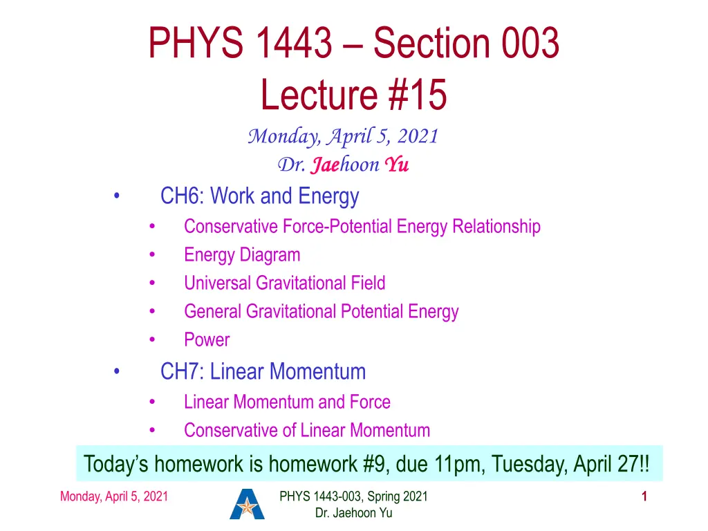 phys 1443 section 003 lecture 15 monday april n.w
