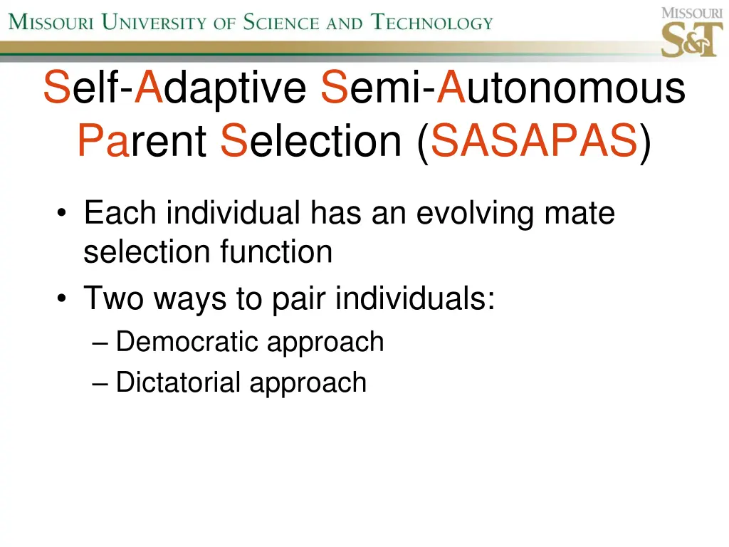 self adaptive semi autonomous parent selection n.w