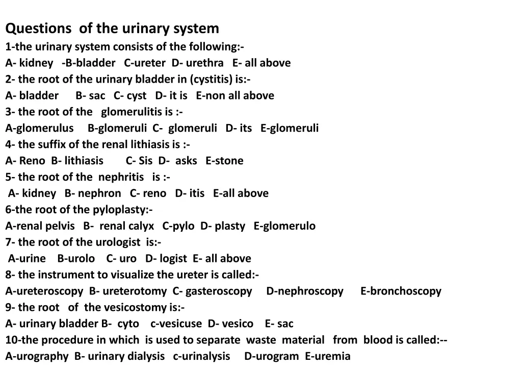 questions of the urinary system 1 the urinary n.w