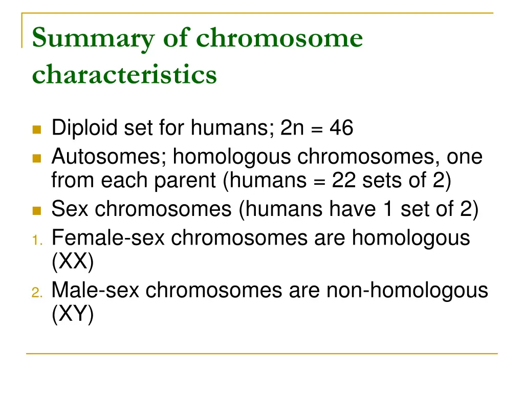 summary of chromosome characteristics n.w
