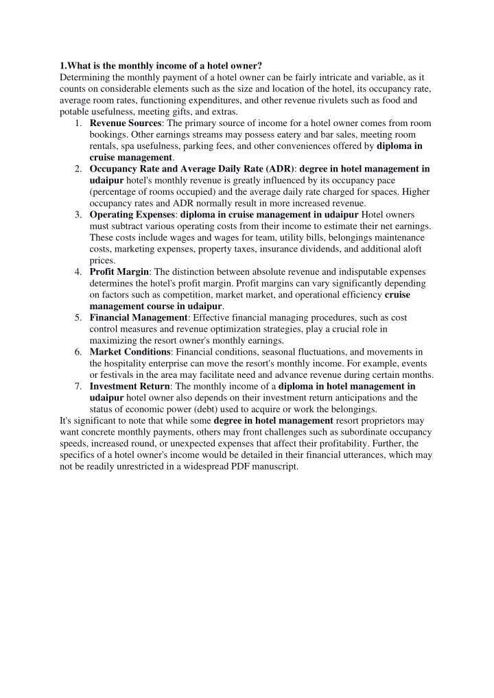 1 what is the monthly income of a hotel owner n.w