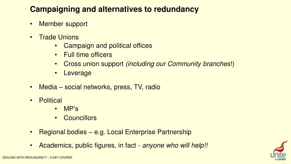 campaigning and alternatives to redundancy n.w
