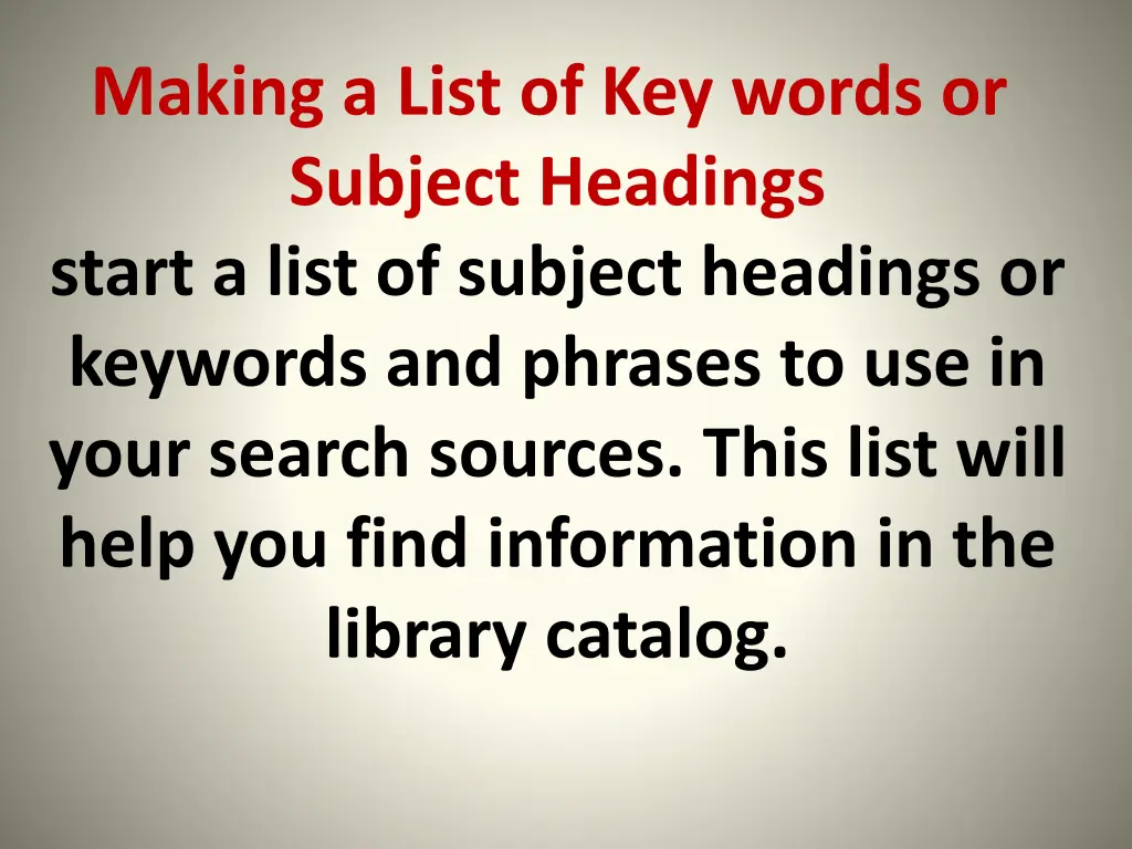 making a list of key words or subject headings n.w