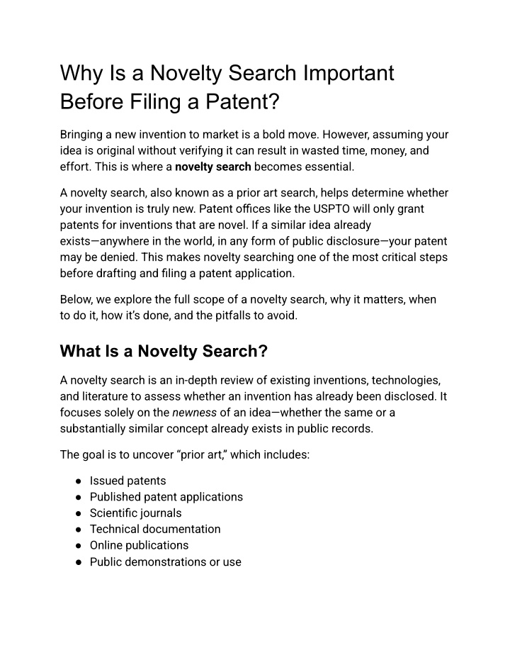 why is a novelty search important before filing n.w