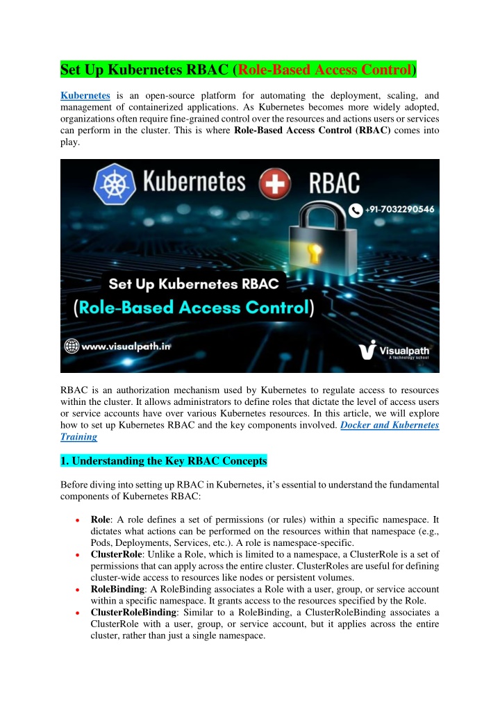 set up kubernetes rbac role based access control n.w