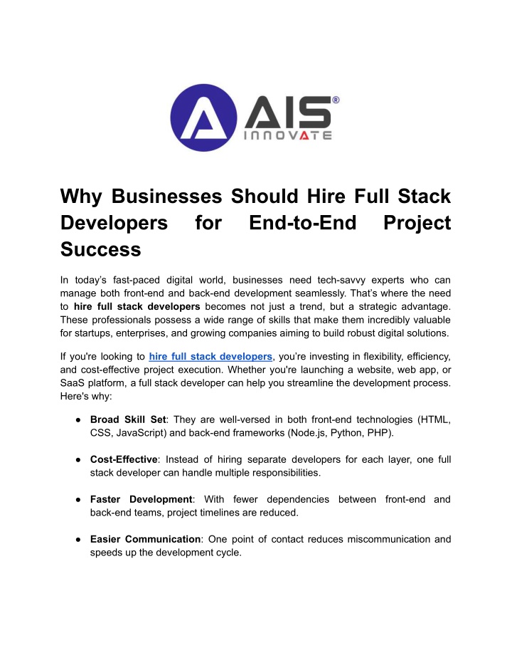 why businesses should hire full stack developers n.w