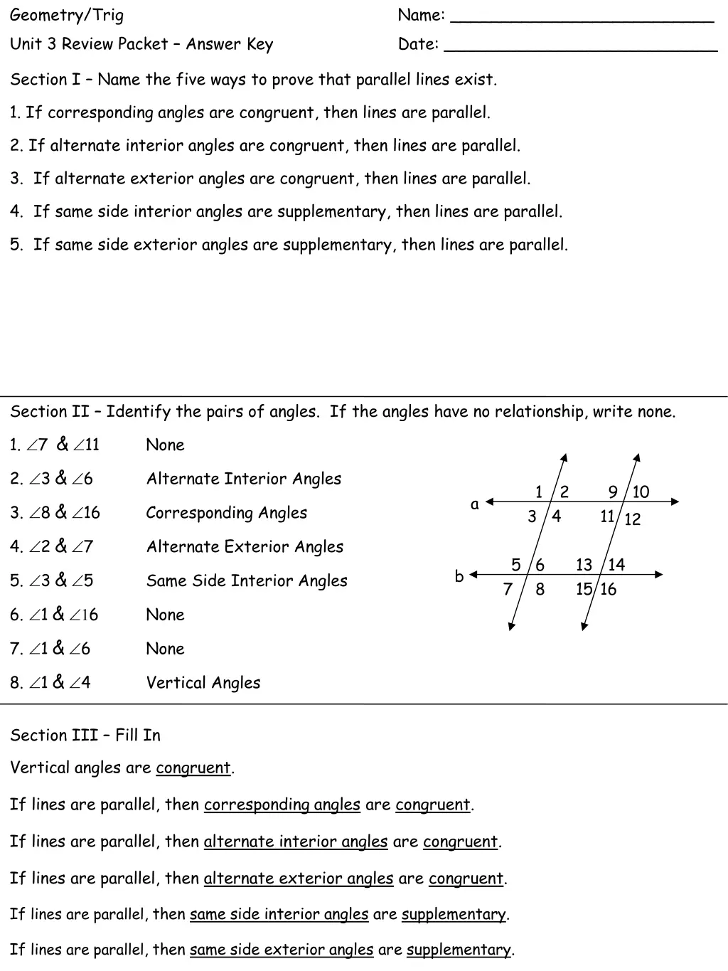 geometry trig unit 3 review packet answer key n.w