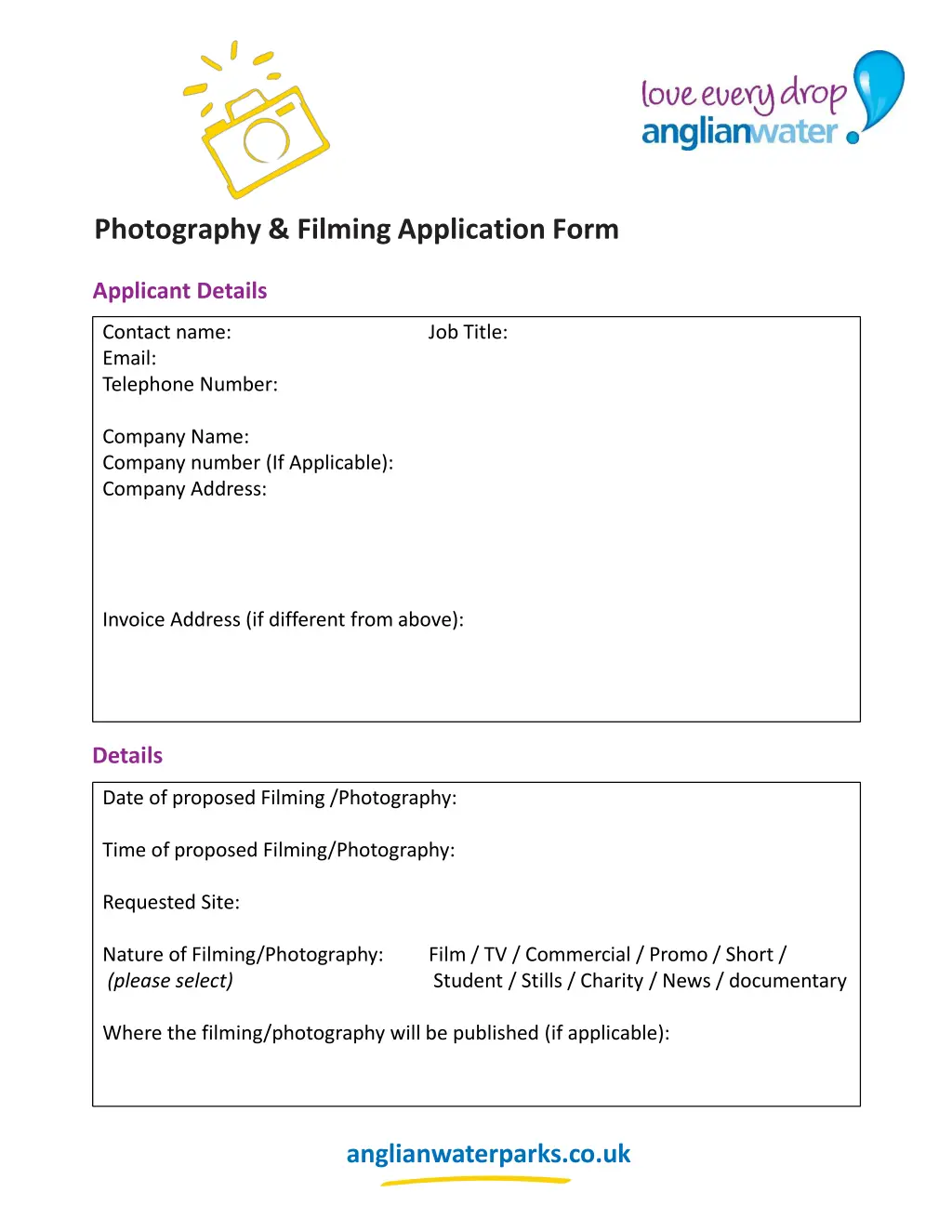 photography filming application form n.w