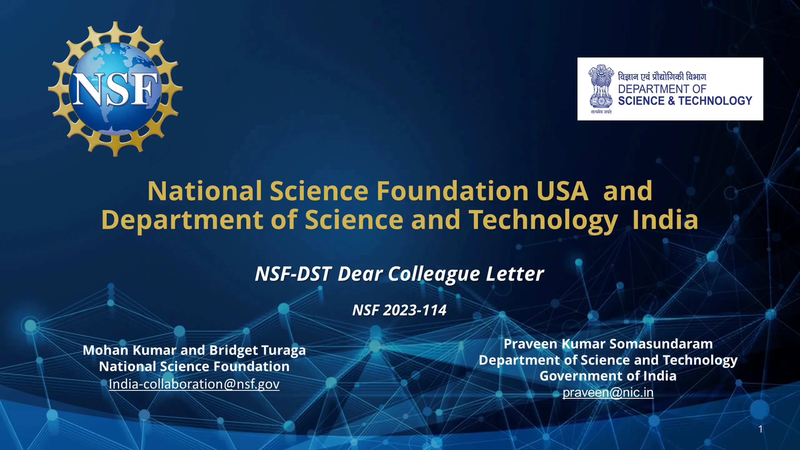 National Science Foundation USA and Department of Science and Technology  India