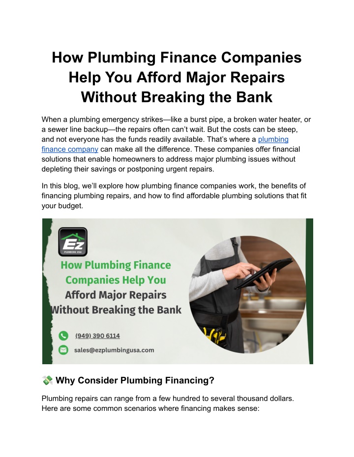 how plumbing finance companies help you afford n.w