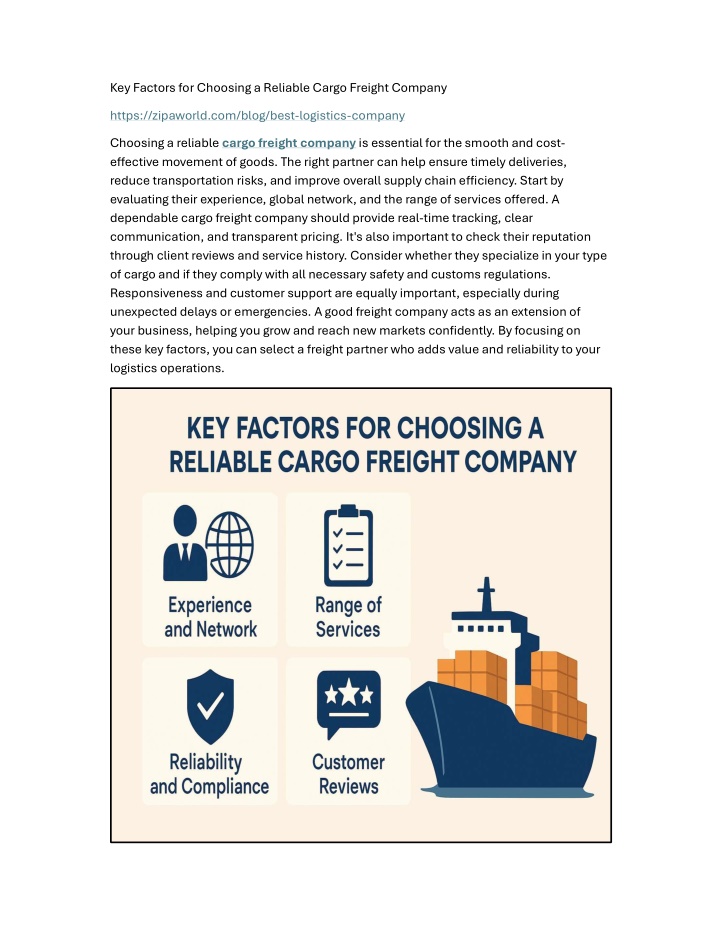 key factors for choosing a reliable cargo freight n.w